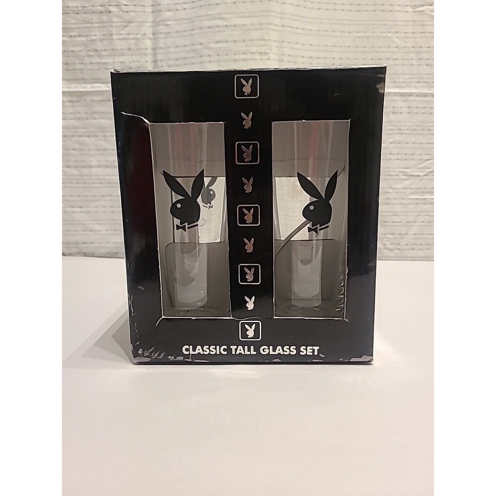 2005 Playboy Bunny Club Black Logo Drinking Glasses Hugh Hefner set 4 12oz